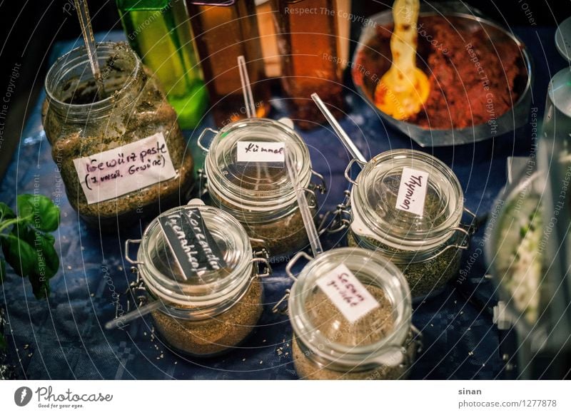 Spices at a Lebanese snack stand Food Herbs and spices Cumin Thyme Sesame Coriander Basil Nutrition Lunch Dinner Organic produce Slow food Finger food