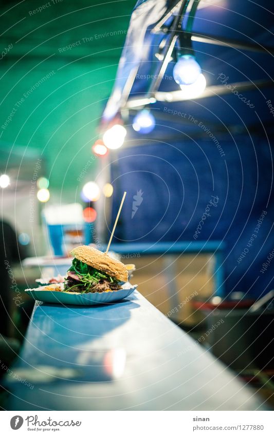 Take me! Food Meat Dough Baked goods Roll Nutrition Lunch Dinner Slow food Finger food Delicious Blue Hamburger street food Counter Impaled Lettuce