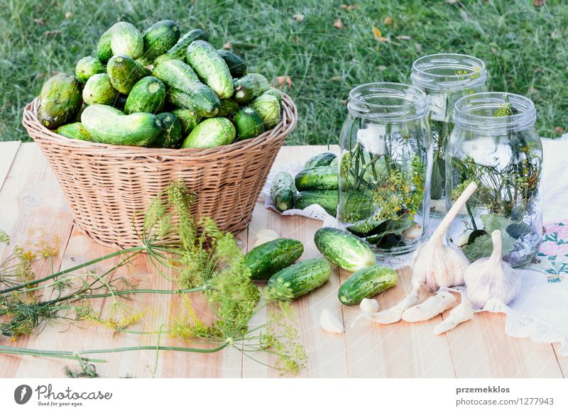 Preparing ingredients for pickling cucumbers Vegetable Herbs and spices Vegetarian diet Garden Fresh Natural Green Basket Canned Dill food Garlic glass healthy