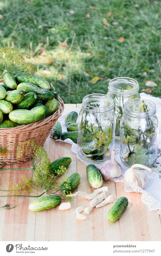 Preparing ingredients for pickling cucumbers Vegetable Herbs and spices Vegetarian diet Garden Fresh Natural Green Basket Canned Dill food Garlic glass healthy