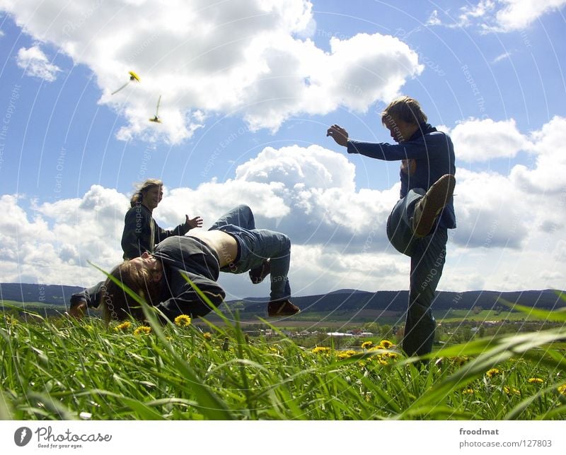 Salto backwards Flower Meadow Panorama (View) Clouds Ilmenau Spring Dazzle Idyll Youth (Young adults) Heavenly Beautiful Alert High spirits Action Air Frozen