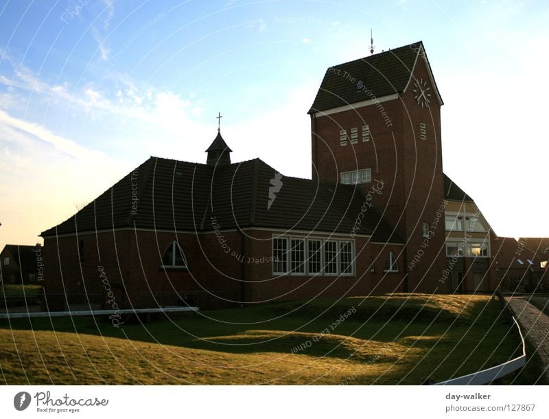 House in the sky House (Residential Structure) Building Clock Roof Window Hill Meadow Grass Clouds Turquoise Antenna Fence Fold Light Sunbeam Blooming Sky