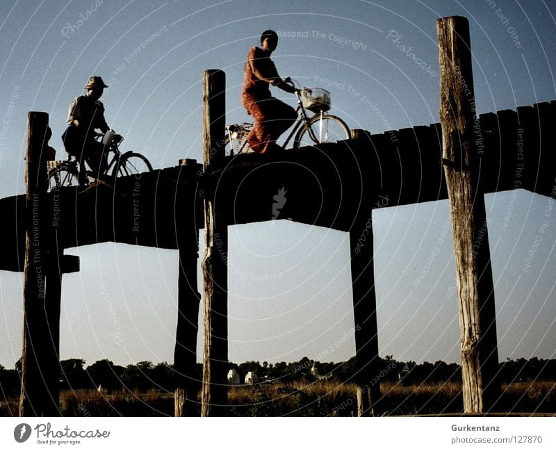 Biking Burmesian Bridges Myanmar Mandalay Bicycle Basket Burmese Wood Teak Asia Tour de France Cycle race Lee Human being Pole military junta teak bridge