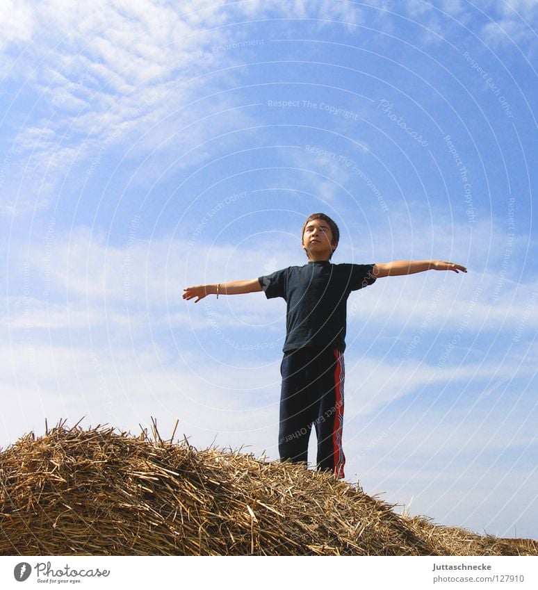 Ooooooooooooooooooooooooooooooooooooooom Boy (child) Child Hay bale Straw Comforting Calm Peace Outstretched Meditation Speech Worm's-eye view Thought Think