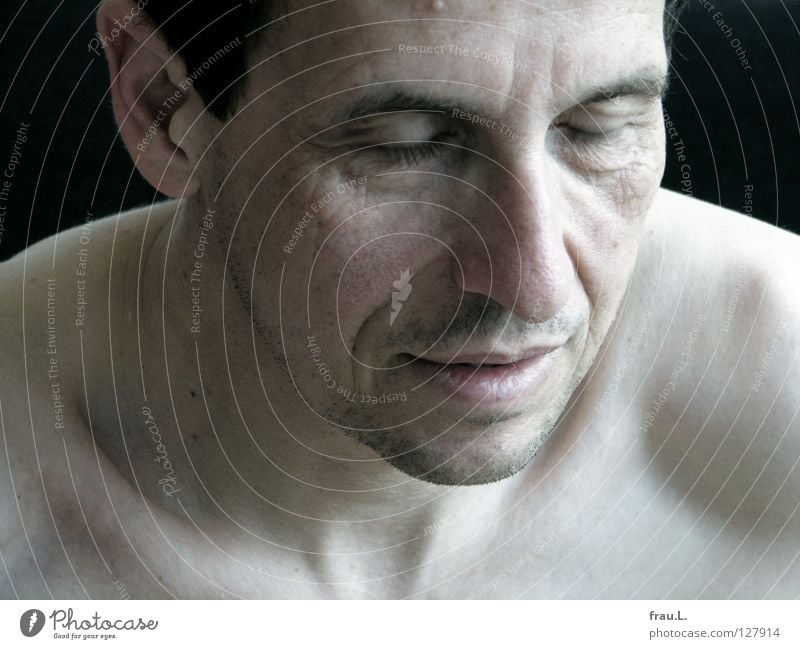 blink of an eye Man Shoulder Pallid portrait Naked 50 plus Calm Attractive Eyelash Closed Facial hair Fatigue Human being Neck Fiber Face potrait Eyes Stubble