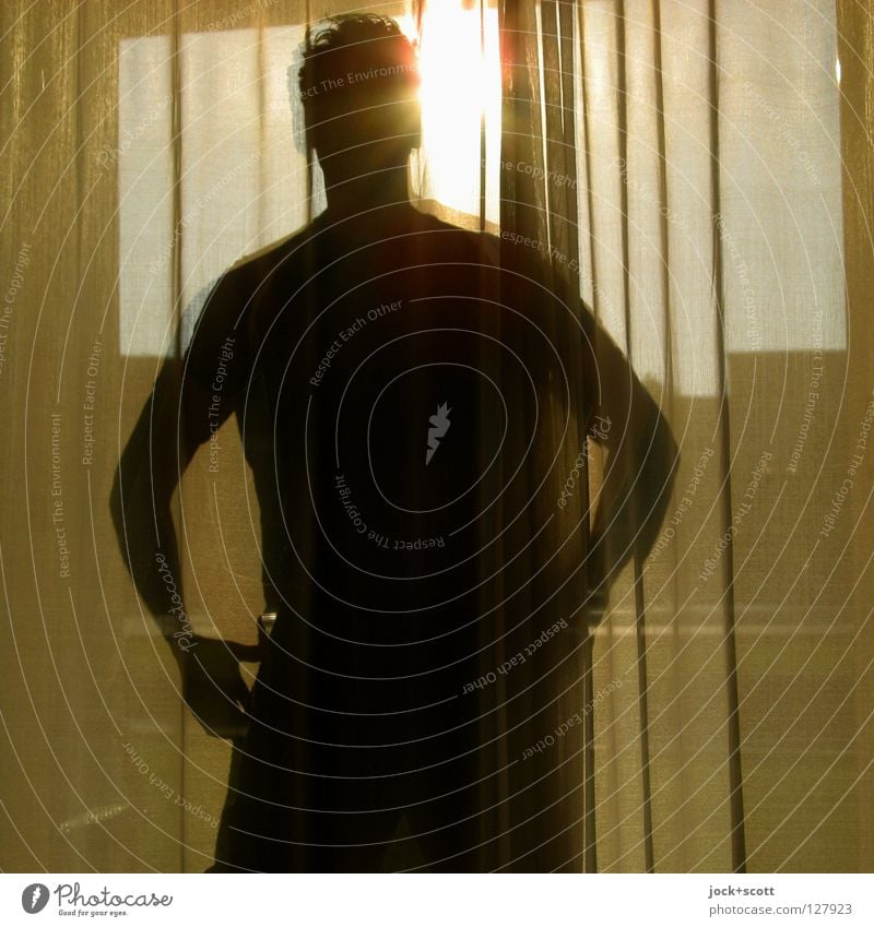 7:30 Find me one morning Sun Decoration Bedroom Man Stand Identity Window decoration Posture Morning Silhouette Sunbeam Back-light Low-key Upper body Sunrise