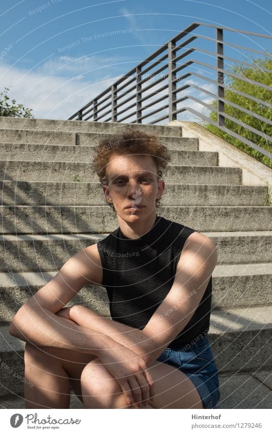 Portrait on the stairs Lifestyle Human being Feminine Androgynous Young woman Youth (Young adults) 1 18 - 30 years Adults 30 - 45 years Town Architecture Stairs