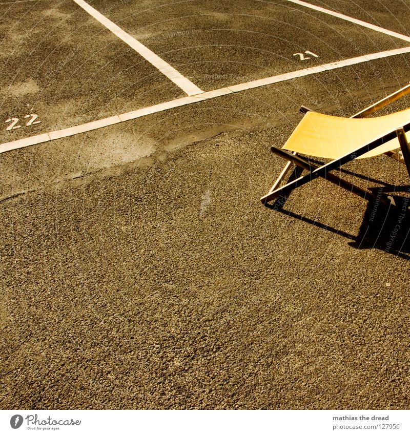 SUNNY PLACES Places Structures and shapes Parking lot Rectangle Stripe Asphalt Tar Hard Pore Black Parking garage Deckchair Comfortable Summer Wood Yellow