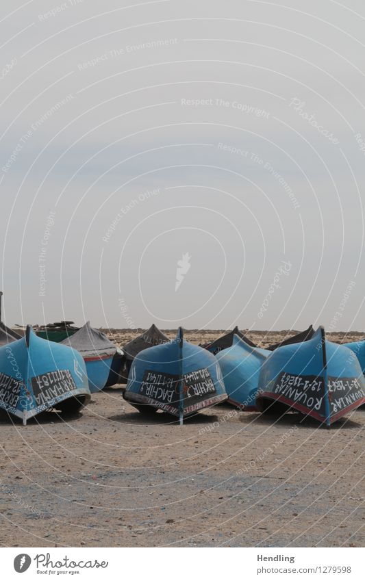 Desert Boats Sand Blue Watercraft Fisherman Fishing boat Morocco Africa Dahkla Arabic script Sky Calm Break Landscape Black Colour photo Multicoloured