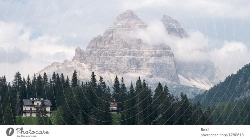 three merlons Environment Nature Landscape Elements Sky Clouds Summer Fog Rock Alps Mountain Dolomites Three peaks Peak Stone Hiking Stony Mystic misurina Haze