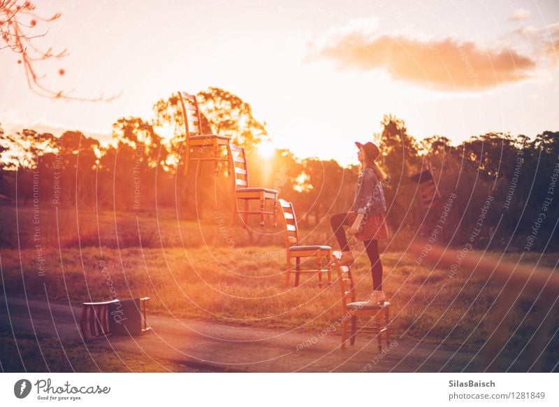 Stairway to heaven Lifestyle Adventure Freedom Young woman Youth (Young adults) Body 18 - 30 years Adults Landscape Sun Sunrise Sunset Sunlight Summer Park