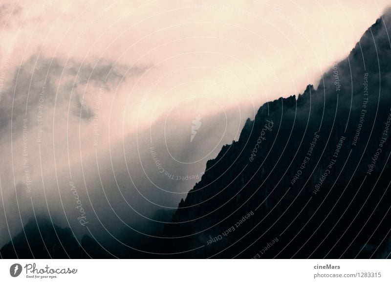 menacingly Nature Landscape Clouds Storm clouds Sunrise Sunset Summer Bad weather Fog Alps Mountain Vacation & Travel Threat Dark Wet Gray White Fear of heights