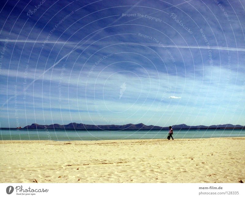 beach walk Vacation & Travel Beach Majorca Summer Vapor trail Spain Earth Sand Europe To go for a walk Mediterranean sea Blue sky sandpiper