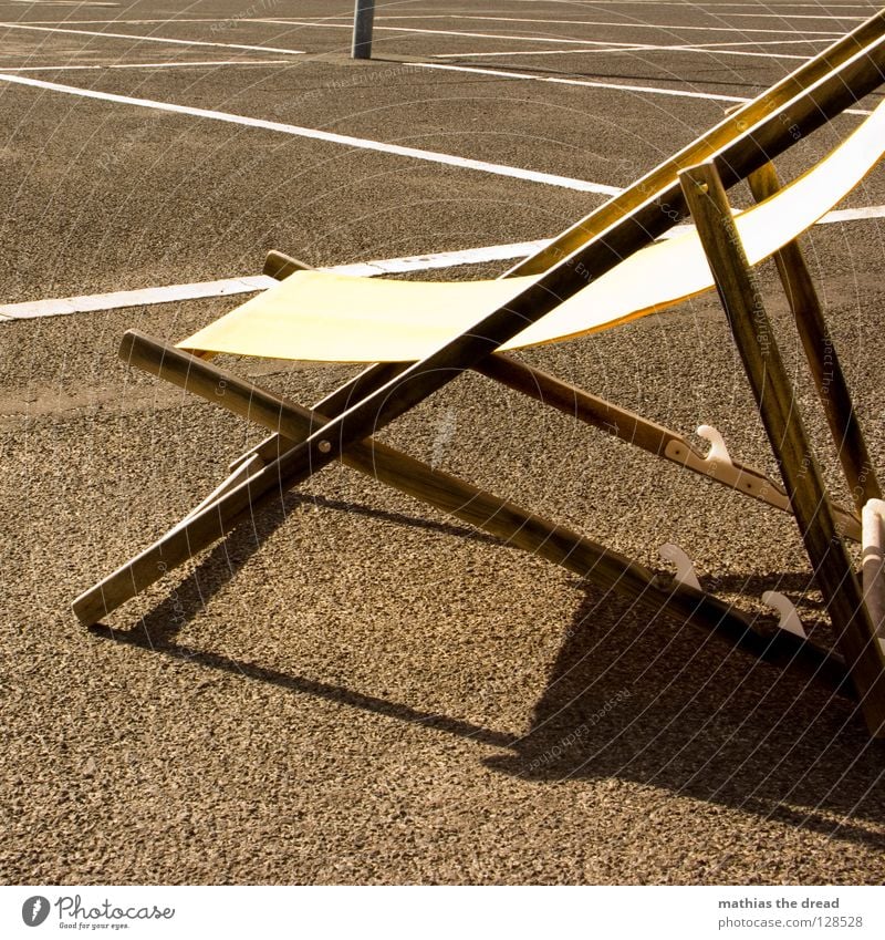 Last One Places Structures and shapes Parking lot Rectangle Stripe Asphalt Tar Hard Pore Black Parking garage Deckchair Comfortable Summer Wood Yellow