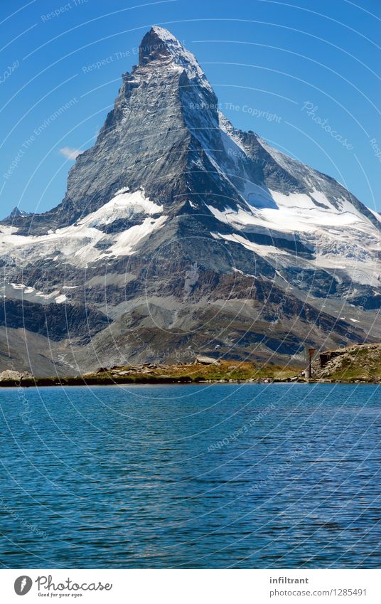 Matterhorn and mountain lake Trip Adventure Summer Summer vacation Mountain Hiking Environment Nature Water Cloudless sky Rock Alps Peak Snowcapped peak Lake