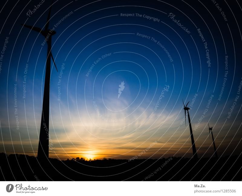 Wind farm in the Oldenburg region Advancement Future Energy industry Renewable energy Wind energy plant Landscape Sky Clouds Sunrise Sunset Deserted Blue Yellow