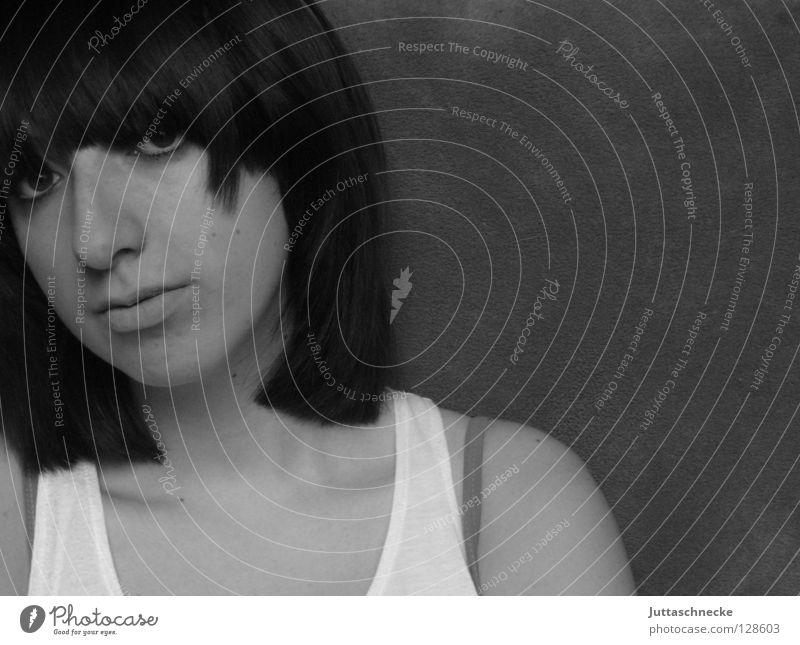 Pull the trigger. Woman Portrait photograph Black White Top Defiant Grief Earnest Boredom Youth (Young adults) Face Black & white photo Eyes Facial expression