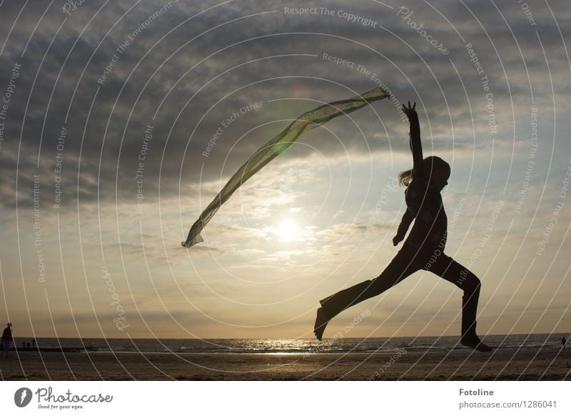 take a plane Human being Feminine Girl Infancy 1 Environment Nature Landscape Sky Clouds Horizon Coast Beach North Sea Ocean Natural Black Rag Jump Flying