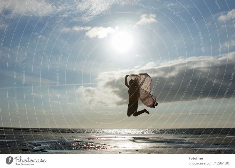 With ease Human being Child Girl Infancy 1 Environment Nature Sky Clouds Summer Beautiful weather Coast Beach North Sea Ocean Free Happiness Bright Maritime Wet