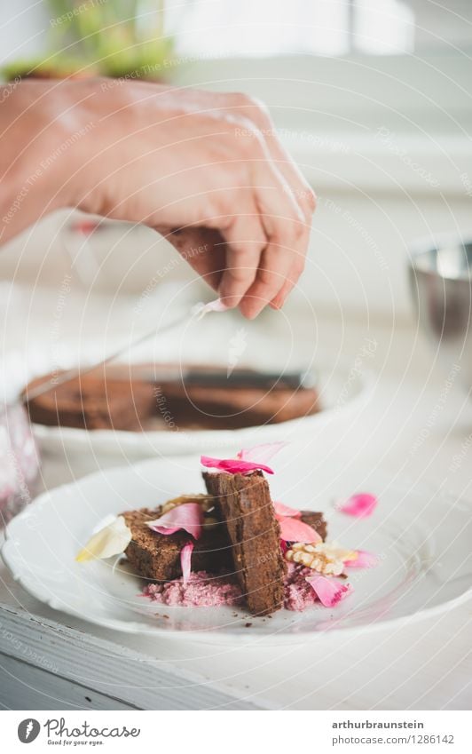 Chocolate cake with sweet rose pesto Food Cake Dessert Blossom Rose leaves Rose blossom Nutrition To have a coffee Vegetarian diet Plate Bowl Lifestyle