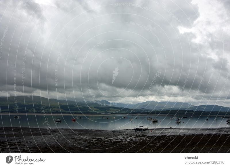 Weather Landscape Elements Climate change Bad weather Rain Hill Mountain Coast Wales Great Britain Horizon Far-off places Colour photo Subdued colour