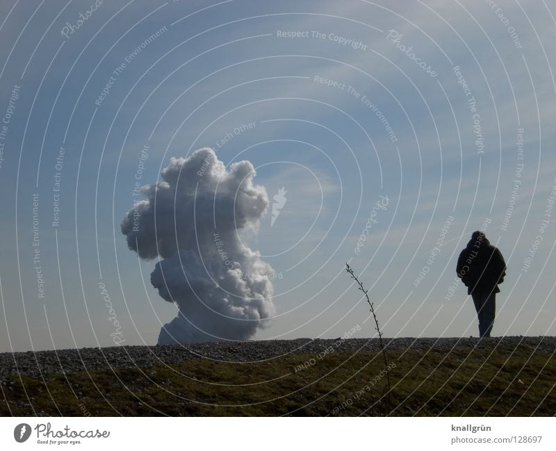 Sundays alone Slagheap Smoke Steam Clouds Man Loneliness Going Green White Meadow Grass Plant Stalk Sky Mountain Industrial Photography Beautiful weather Blue