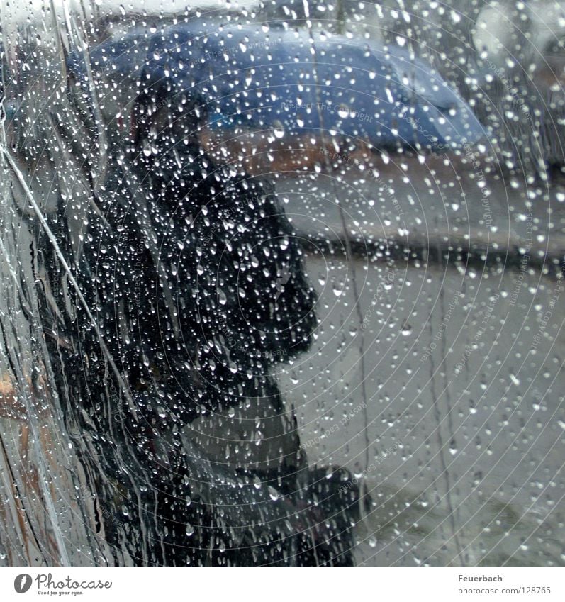 bad weather Colour photo Exterior shot Human being 1 Water Drops of water Spring Autumn Weather Storm Wind Gale Rain Thunder and lightning Street Bag Umbrella