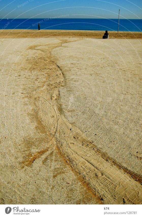 beach Beach Ocean Stranded Bow Tracks Earth Sand sea coast Blue Human being Pull