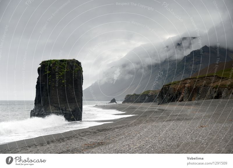 Basalt rock on Iceland (Dalkur) Tourism Far-off places Environment Nature Air Water Clouds Bad weather Fog Waves Coast Ocean Deserted Vacation & Travel