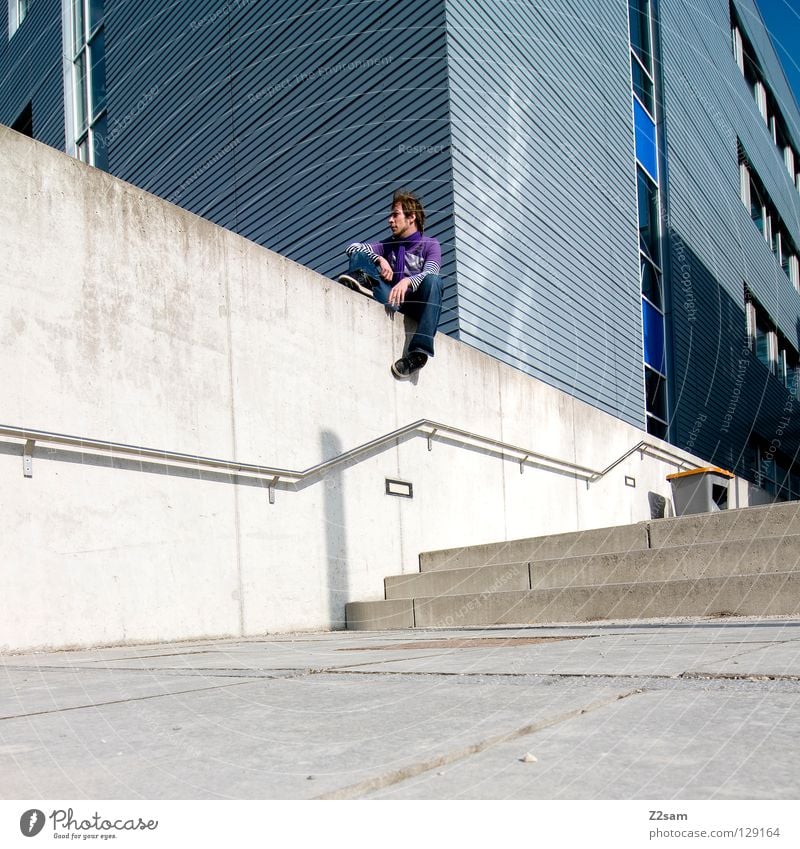 creative break Cozy Chrome Glittering White Jeans Adjustment Wall (building) Building Wall (barrier) Cap Violet Concrete Forwards Blonde Man Masculine