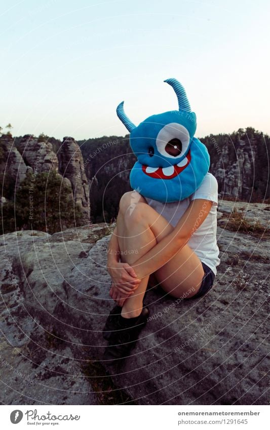 rock stool Art Work of art Esthetic Monster Ogre Monstrous Extraterrestrial being Blue Mask Dress up Costume Carnival costume Feminine Crouch Crouching Legs