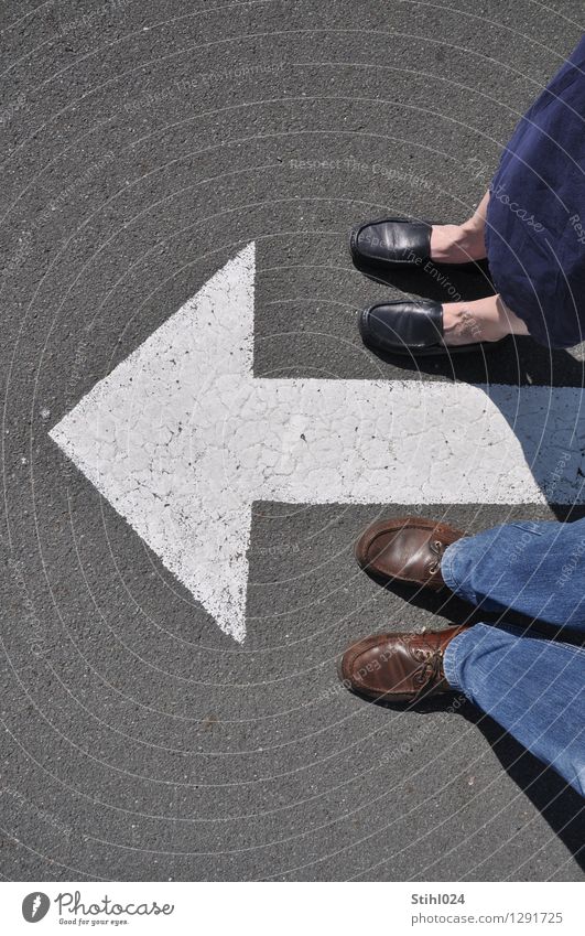 Ready to go Contentment Masculine Feminine Woman Adults Man Feet 2 Human being 45 - 60 years Street Footwear Arrow Direction Beginning Stand Wait Gray White