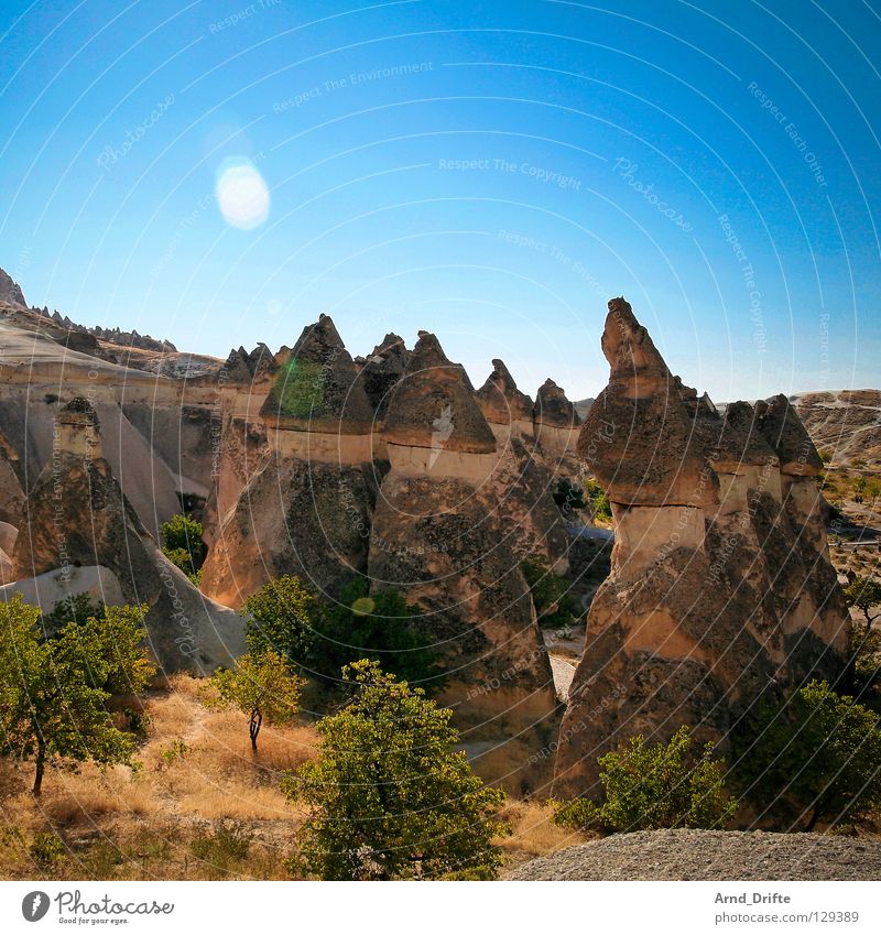 Cappadocia Turkey Anatolia Whimsical Rock formation Uninhabited Empty Exterior shot Sky Tourism Tourist Art Erosion Cave Tufa Mountain Stone Minerals Summer