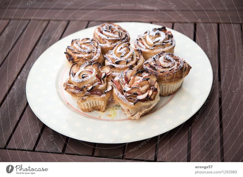 Delicious kitchen Food Dough Baked goods Cake Brown White Self-made Apple pie Fruit flan Table Garden table Colour photo Subdued colour Exterior shot Close-up