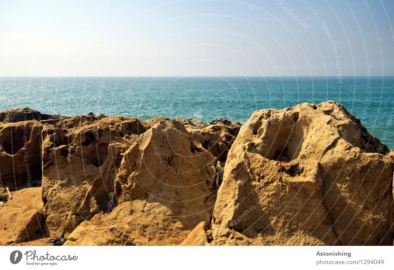 3-layer landscape Environment Nature Landscape Water Sky Horizon Summer Weather Beautiful weather Rock Waves Coast Ocean Atlantic Ocean Rabat Morocco Stone