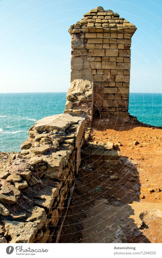 old fortification wall Environment Nature Landscape Sky Cloudless sky Horizon Summer Waves Coast Ocean Atlantic Ocean Rabat Morocco Ruin Tower