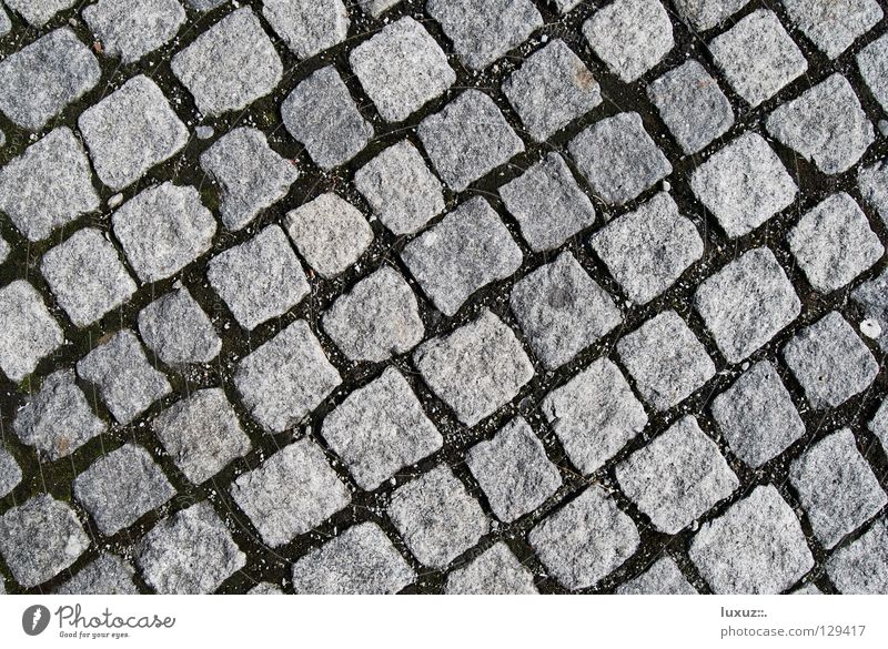 rank and file Cobblestones Parking lot Diagonal Structures and shapes Square Gray Granite Hard Natural stone Pedestrian precinct No smoking Mosaic Sheepish