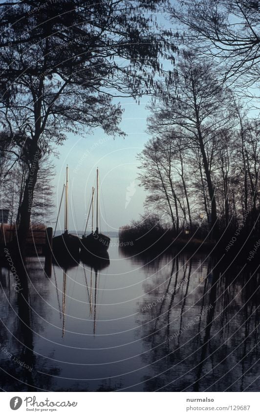 Quiet morning at the lake Lake Watercraft Jetty Morning Calm Mirror Reflection Brandenburg Sunrise Moody Analog Slide Fishing boat Sailboat Connectedness