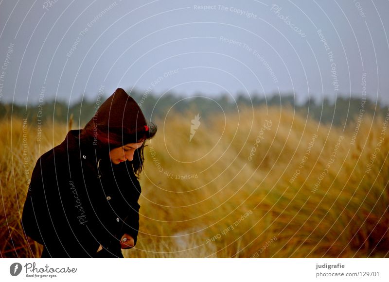 Girls in the dunes Beach Coast Woman Young woman Grass Marram grass Vacation & Travel Gale Ocean Salty Hooded (clothing) Coat Autumn Winter Yellow Colour