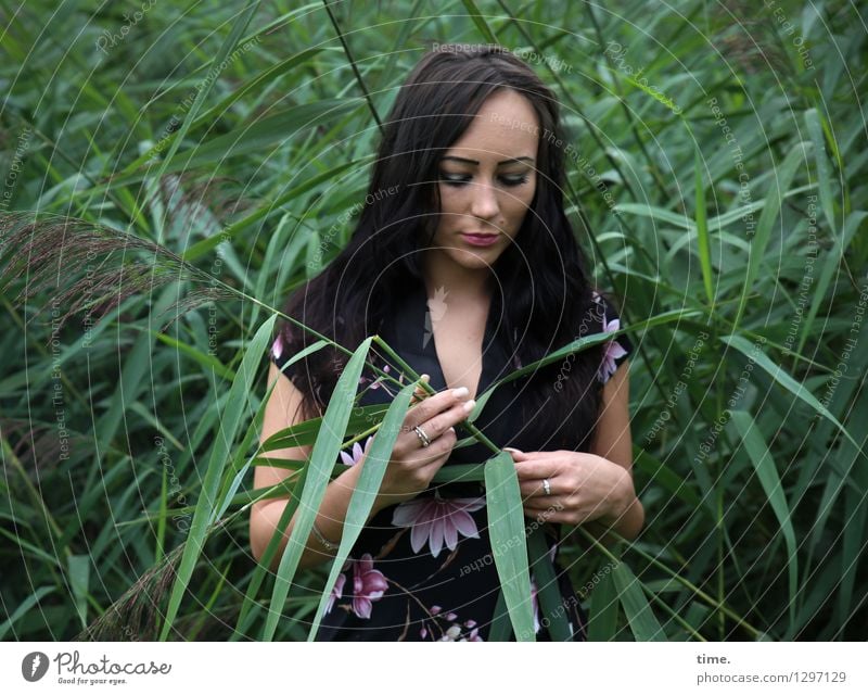 nastya Feminine 1 Human being Coast Common Reed Dress Black-haired Long-haired Observe Think To hold on Dream Esthetic Curiosity Beautiful Sadness Concern Grief