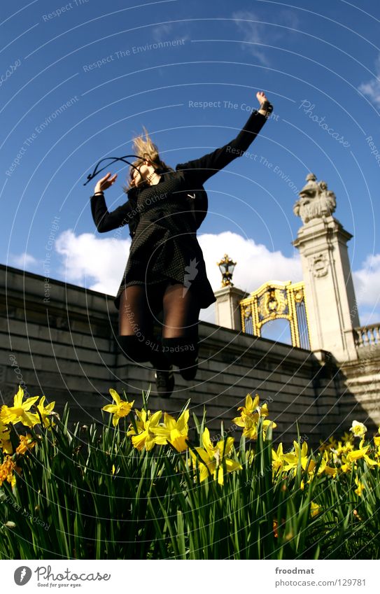 spring fever Flower Meadow Jump Clouds Spring Dazzle Idyll Youth (Young adults) Heavenly Beautiful Alert High spirits Action Air Frozen Grass Green Physics