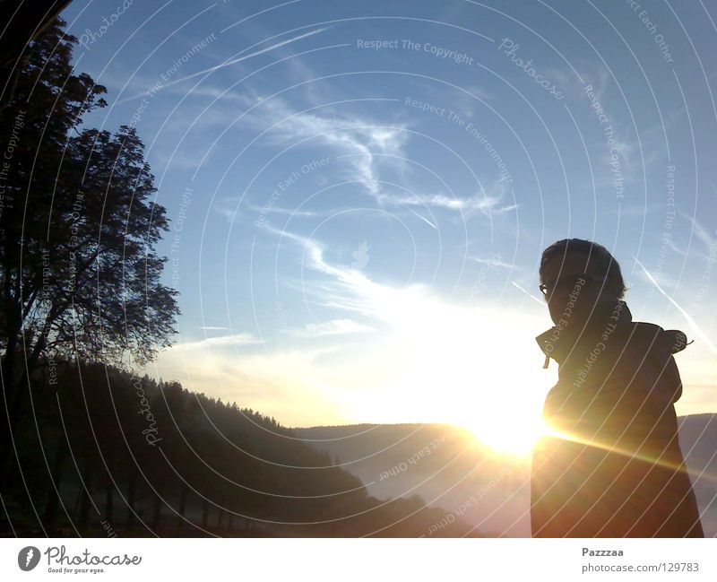 sunrise Sunrise Thuringia Forest Tree Silhouette Morning Early riser Celestial bodies and the universe Sky Blue Schwarzatal Human being