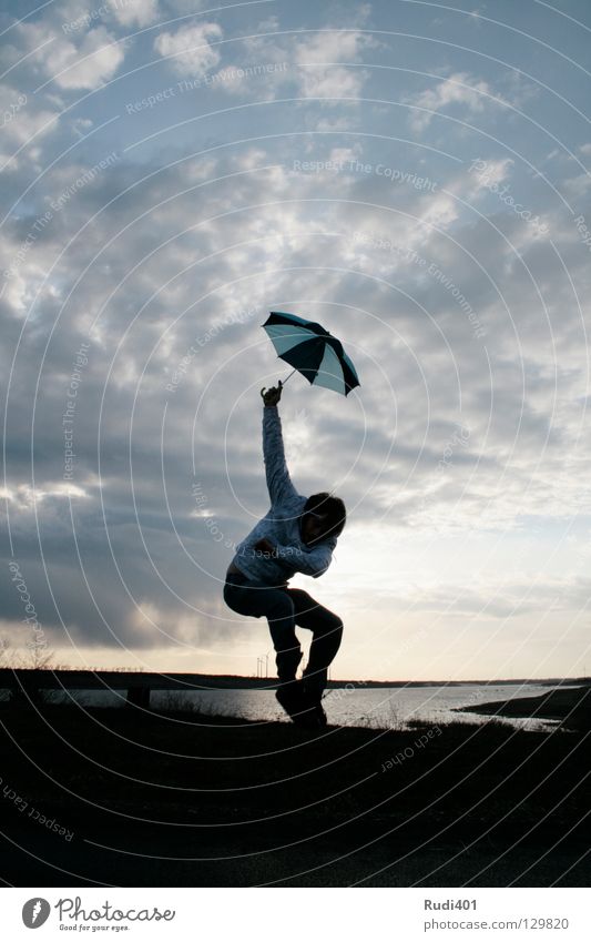 parachutists Sunshade Twilight Back-light Jump Swing Lake Sunset Clouds Joy Man Evening Human being yuppi Tall Water screen