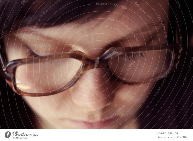 read Eyeglasses Old Retro Reading glasses Lens horn-rimmed glasses Vision Close-up Looking Demanding Nerdy Freak Brunette Downward