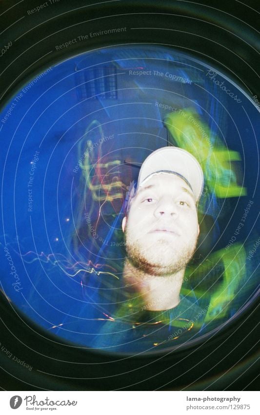 HOT TO DEATH Snapshot Light Disco Black light Cap Man Portrait photograph Double exposure Fisheye Round Washer Wide angle Analog Lightning Overexposure Exposure