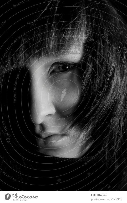 Portrait without names Woman Hair and hairstyles Photo laboratory Light Shadow child Black & white photo Low-key Face Eyes mudn Nose shady world