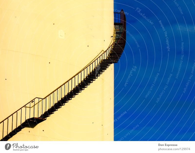 Let's go! Graphic Rotate Yellow Silo Clouds Sky blue Industry Detail Blue Handrail Stairs Contrast Illustration Lanes & trails Upward Above saturation