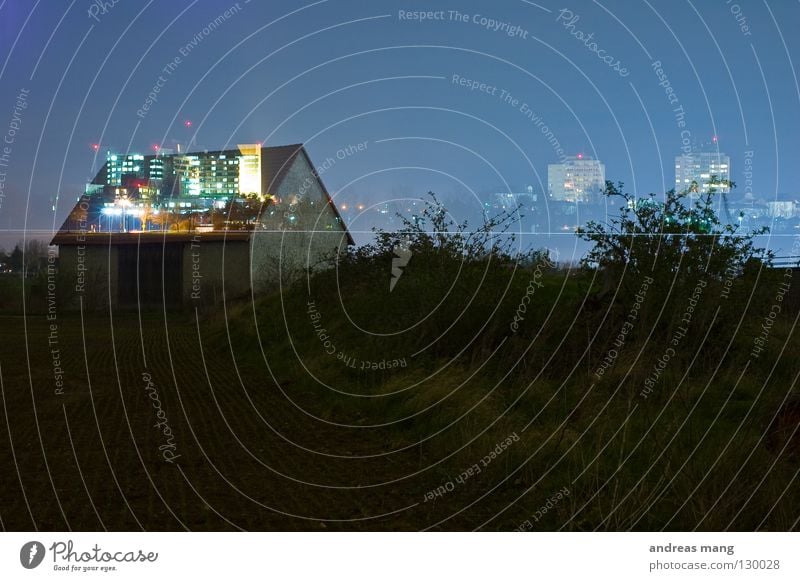 ghost town Night House (Residential Structure) Sky Dark Light Field Bushes Grass Barn Abstract Double exposure Roof Long exposure Blue Lamp Bright Skyline bush