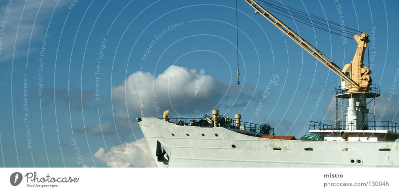 Looking ahead Watercraft Bow Summer Rostock Crane Gray Clouds Calm Jetty Hope Future Anchor Porthole Navigation Harbour Sky Blue