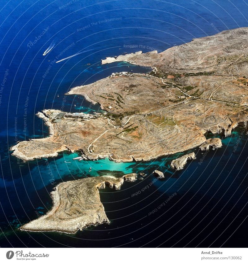 island Bird's-eye view Aerial photograph Clouds Malta Watercraft Coast Ocean Vantage point Air Beautiful Long Far-off places Summer Small Beach Comino Blue